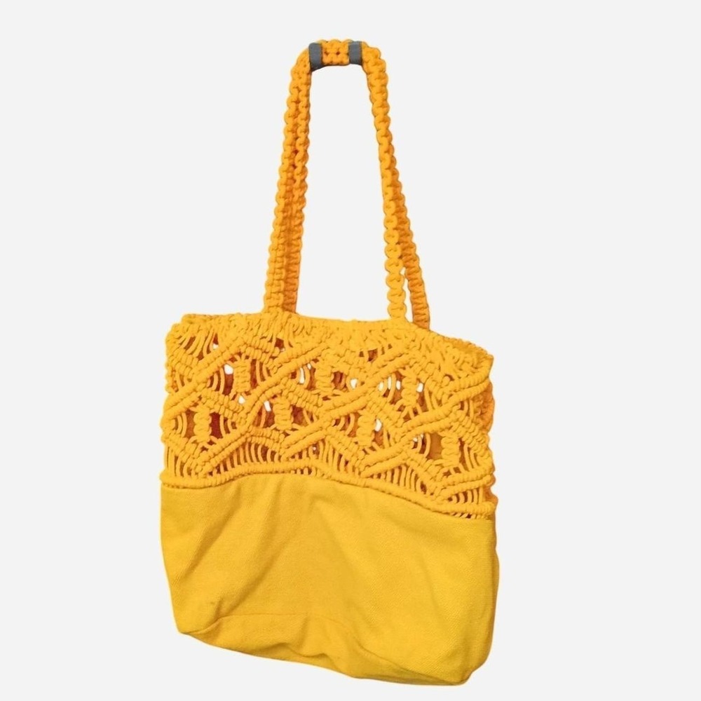 Fishermancore Vintage Mustard Yellow Macrame And Canvas Handmade Tote Bag